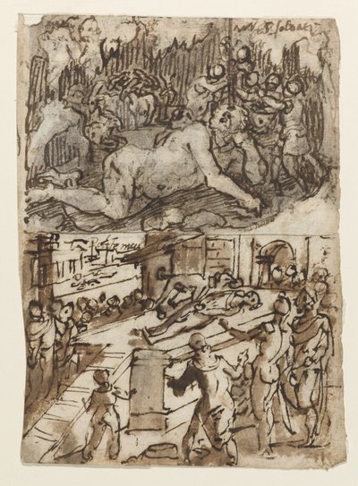 Title-Page of a Sketchbook Showing Two Scenes, One Including the Blinding of Cyclops (Recto) by Jan van der Straet